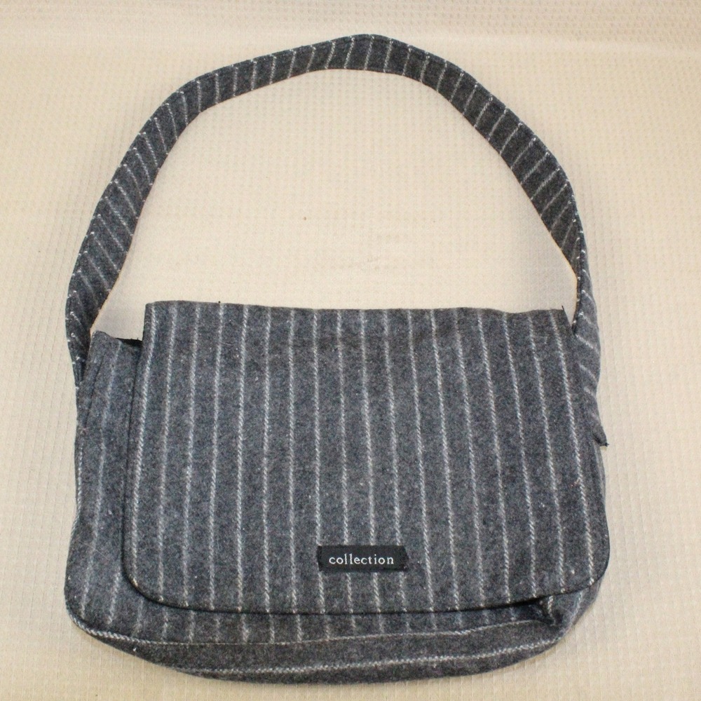 Collection Grey Pinstripe Wool Blend Messenger Bag Small Dark Academia Preppy